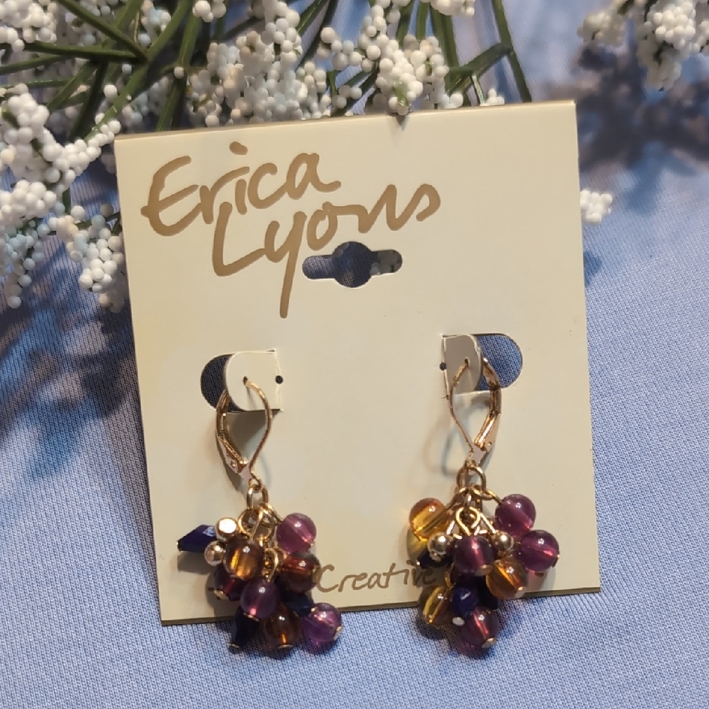 ERICA LYONS Goldtone Purple Beaded Earrings - SO CUTE! NWT